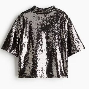NWT H&M Black and Silver Sequin Short Sleeve Top